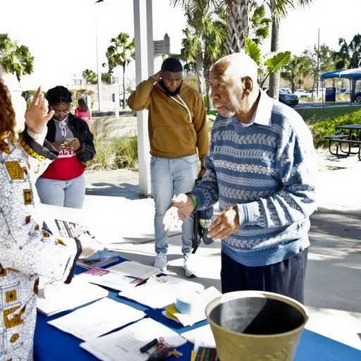 People gather around a table with papers and supplies during an outdoor outreach event.