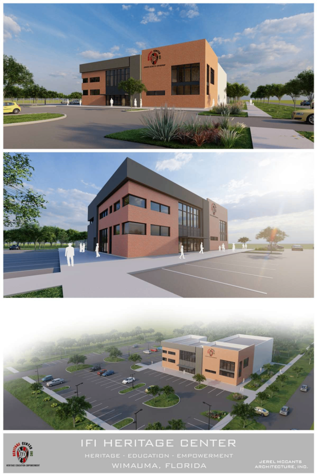 Architectural presentation rendering showing several proposed views and an aerial plan of the planned Ifi Heritage Center in Wimauma, Florida.